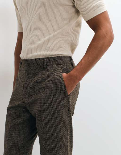 Selected set slim fit wool blend check pants in brown , 3 of 5