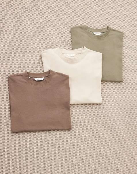 Selected - Set van 3 oversized T-shirts van zware stof in beige, bruin en kaki - view 1