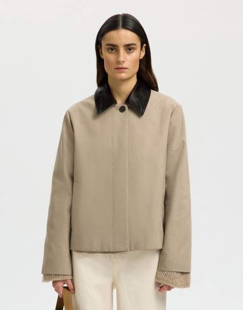 Selected short jacket with contrast collar in stone