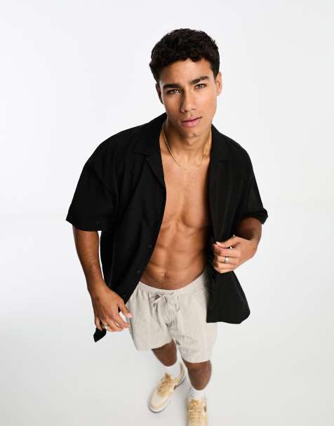 Selected short sleeve revere collar linen shirt in black 