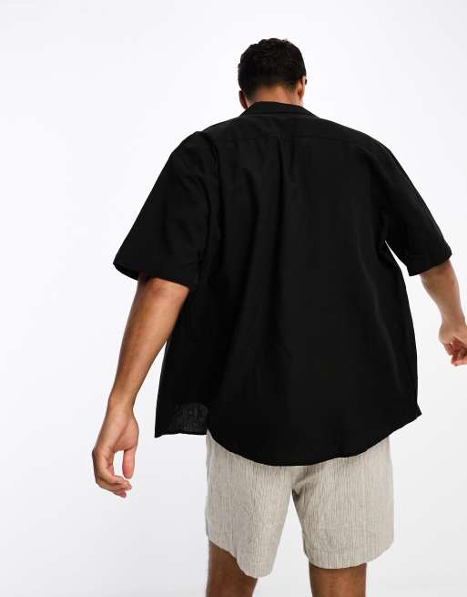 Selected short sleeve revere collar linen shirt in black , 2 of 4