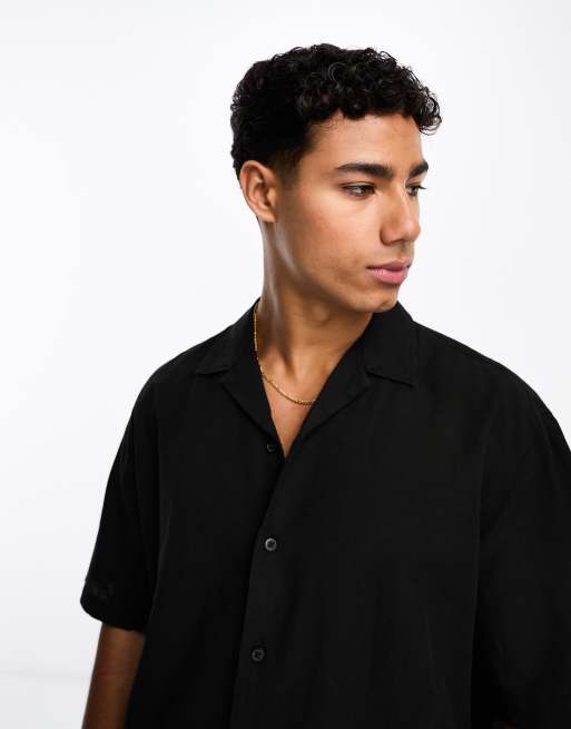 Selected short sleeve revere collar linen shirt in black ASOS