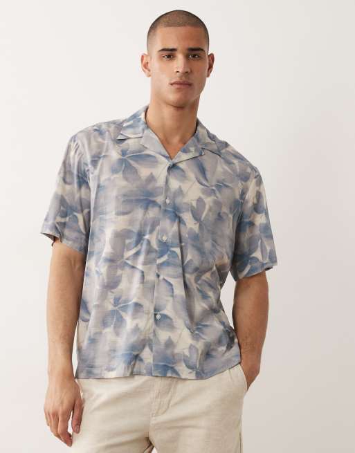 Selected short sleeve shirt with leave print in blue, 3 of 5