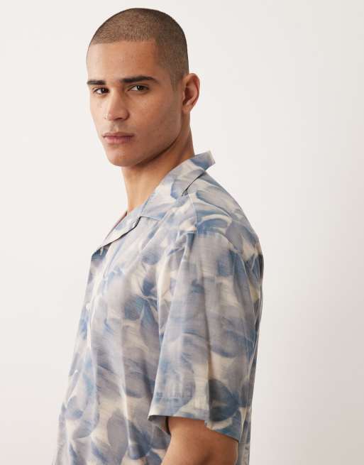 Selected short sleeve shirt with leave print in blue, 4 of 5