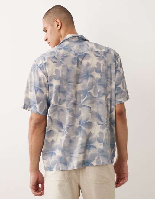 Selected short sleeve shirt with leave print in blue, 5 of 5