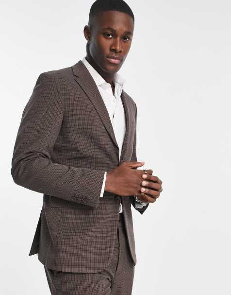 Selected slim fit suit jacket in brown mini check  - view 1