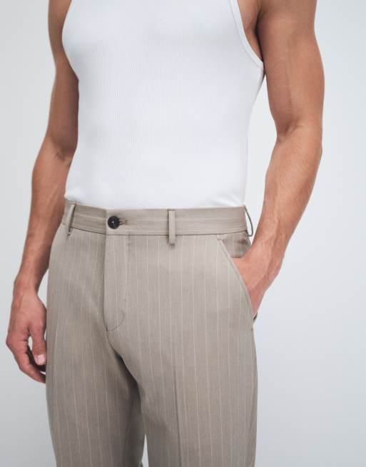 Selected slim fit suit trousers in beige pinstripe , 4 of 9