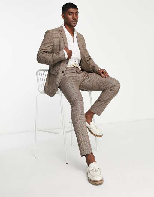 Selected slim fit suit trousers in brown check , 3 of 4