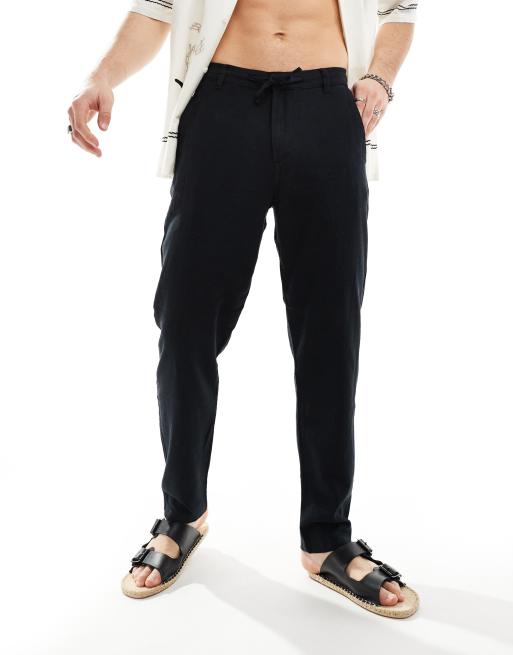 Selected slim tapered linen trousers in black ASOS