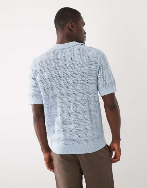 Selected split neck knit polo in light blue, 4 of 5