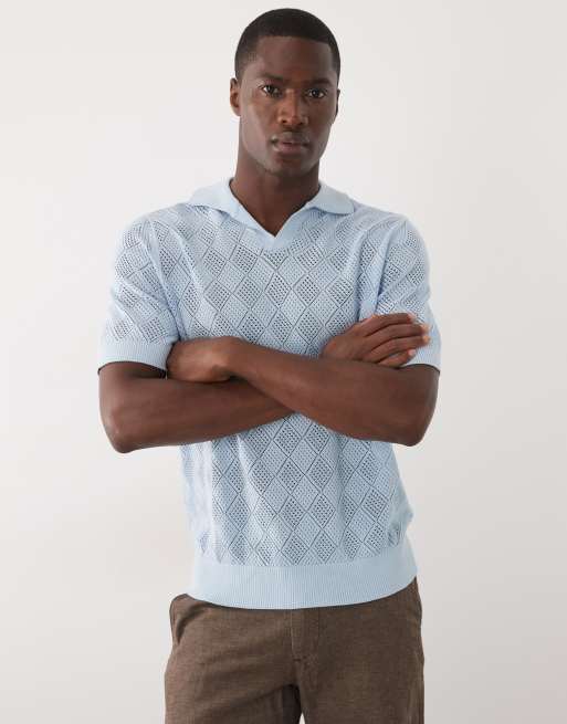 Selected split neck knitted polo in light blue, 5 of 5