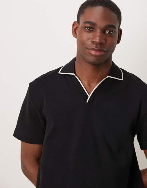 Selected split neck polo shirt in black 