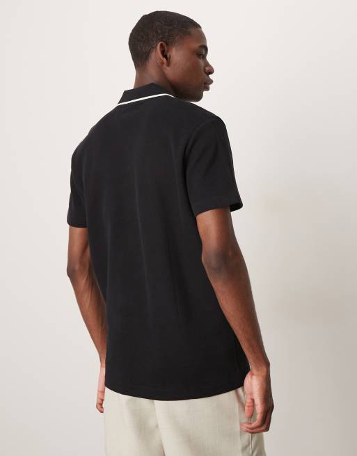 Selected split neck polo shirt in black 