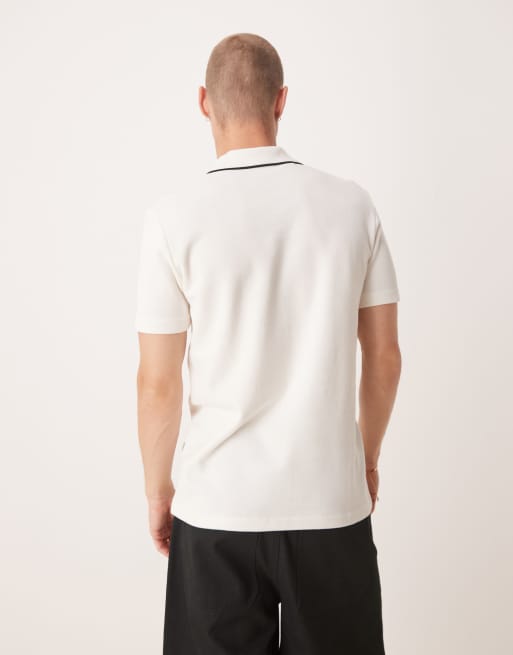 Selected split neck polo shirt in cream 