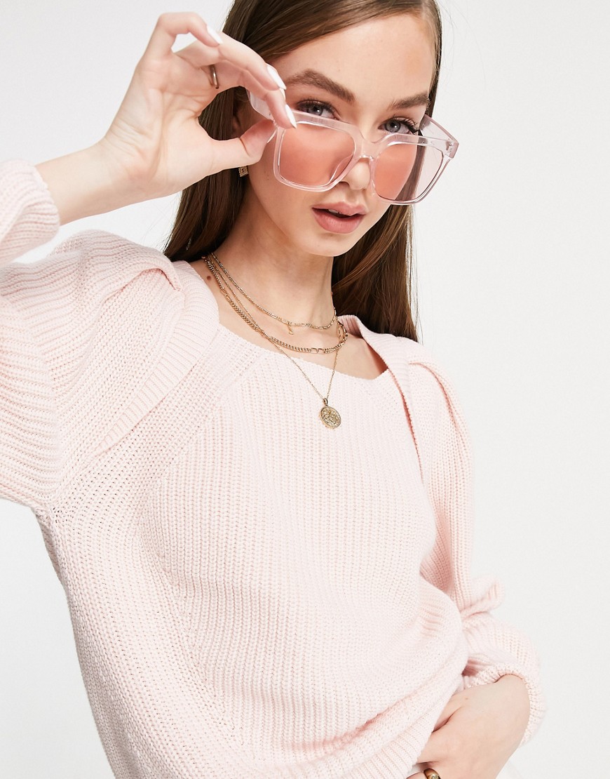 Selected square neck volume sleeve sweater in pink