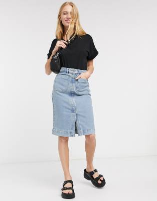 light blue denim midi skirt