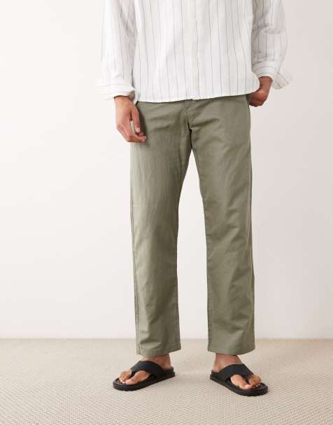 Selected straight linen blend trousers in khaki - view 1