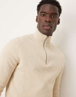 Strickpullover aus 100% Baumwolle in Cremeweiß mit kurzem Reißverschluss Weiß S