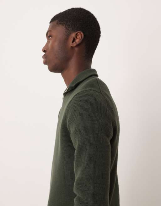 Selected – Strickpullover aus 100% Baumwolle in Dunkelgrün mit kurzem Reißverschluss, 4 von 5
