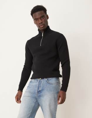 Strickpullover aus 100% Baumwolle in Schwarz mit kurzem Reißverschluss Schwarz XL