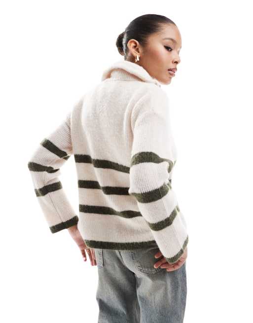 Selected – Strickpullover aus Merino-Wollmischung in Cremeweiß mit grünen Streifen und kurzem Reißverschluss, 2 von 4