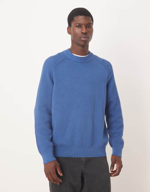 Selected – Strukturierter, gerippter Strickpullover in Blau mit Raglanärmeln