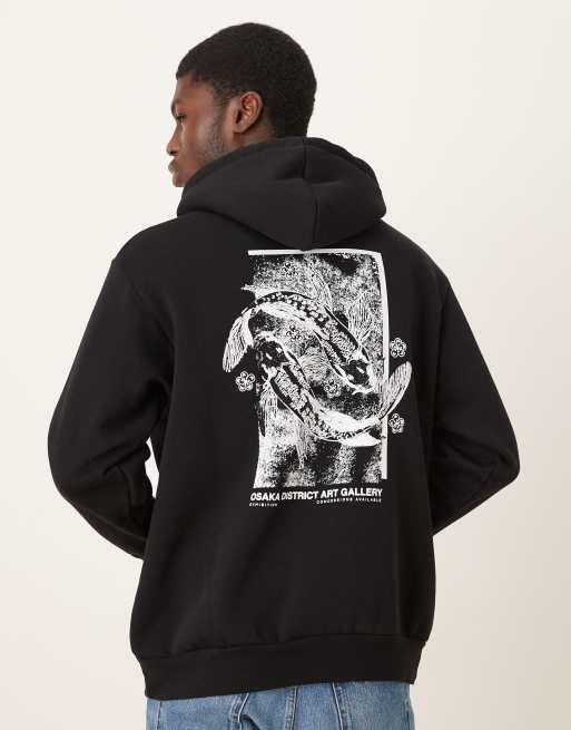 Selected - Sweat à capuche oversize avec imprimé carpe koï au dos - Gris