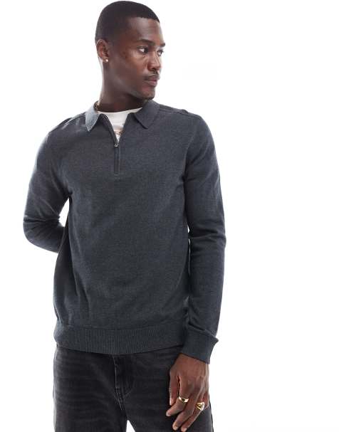 Selected 100% cotton long sleeve half zip polo in grey 