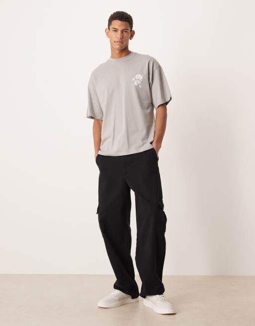 Selected – Szary T-shirt oversize z nadrukiem azjatyckich kwiatów, 2 z 5