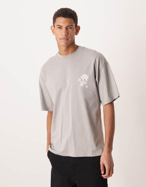 Selected – Szary T-shirt oversize z nadrukiem azjatyckich kwiatów, 3 z 5