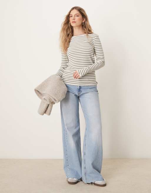Selected - T-shirt a maniche lunghe verde e bianca a righe a coste, 3 di 4