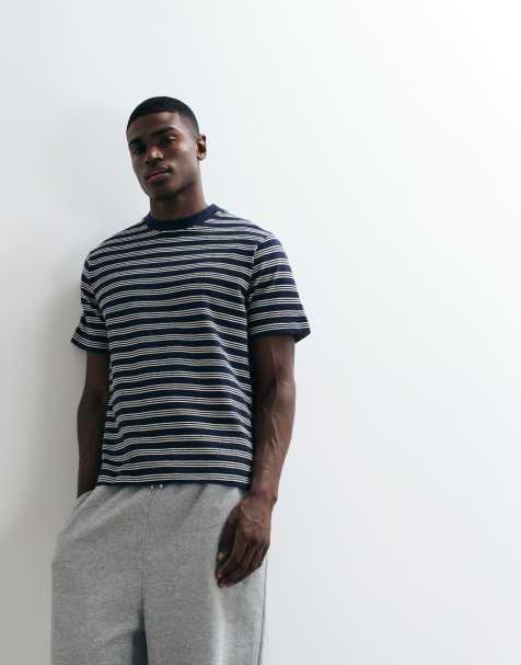 Selected - T-shirt a righe in tessuto seersucker pesante bianca e blu navy - view 1