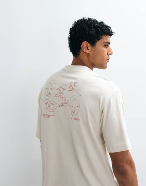 Selected - T-shirt épais coupe carrée avec imprimé surf au dos - Crème/marron - view 1