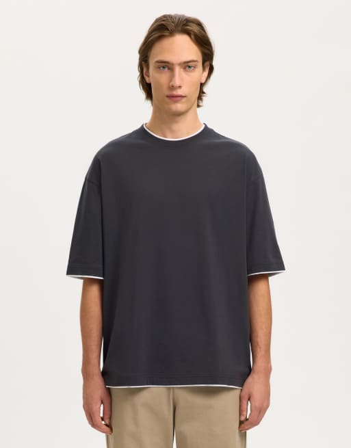 Selected – T-Shirt in Asphaltgrau mit Rundhalsausschnitt