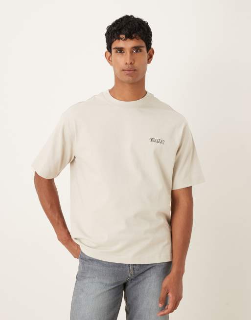 Selected – T-Shirt in Beige mit Logo