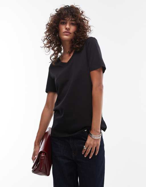 Selected - T-shirt met V-hals en korte mouwen in zwart, 3 van 4