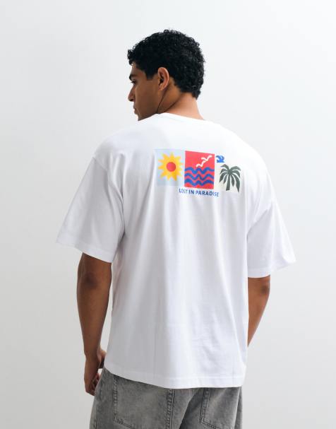 Selected - T-shirt oversize avec imprimé Paradise au dos - Blanc - view 1