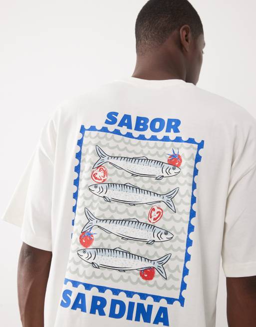 Selected - T-shirt oversize color crema con stampa sardine sul retro