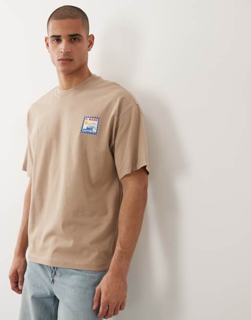 Selected - T-shirt oversize color cuoio con stampa timbro piccolo