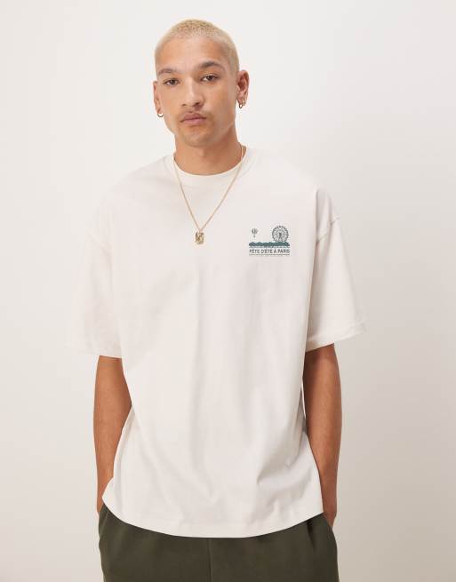 Selected - T-shirt oversize épais avec imprimé Paris au dos - Crème , 2 de 4