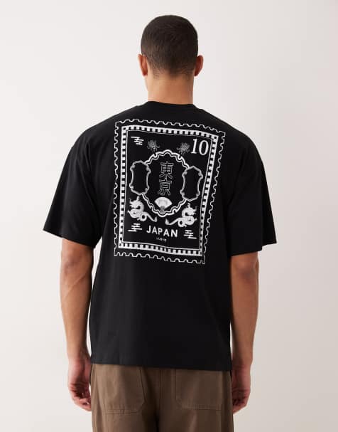 Selected - T-shirt oversize nera con stampa di francobollo giapponese sul retro - view 1