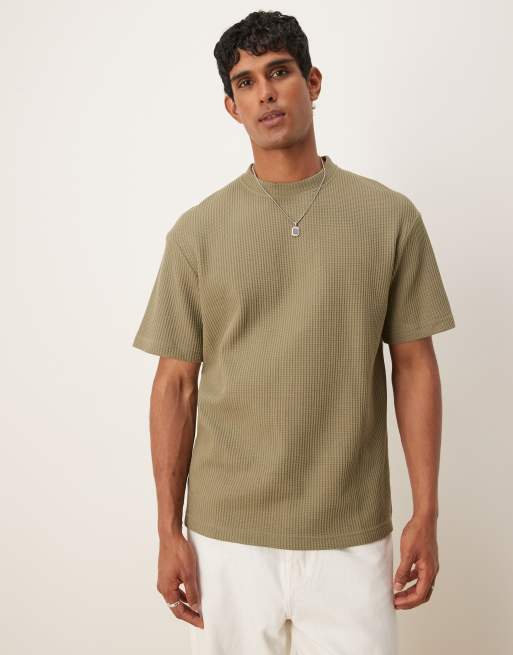 Selected – T-shirt oversize o waflowej fakturze w kolorze khaki , 4 z 4