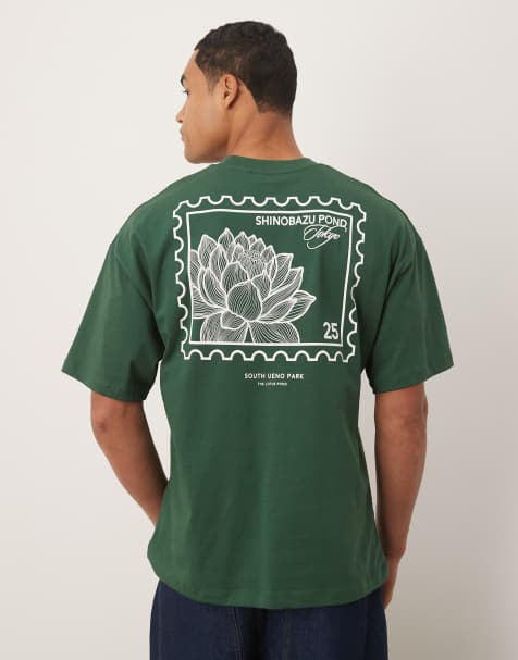 Selected - T-shirt oversize verde con stampa Tokyo stile francobollo sul retro - view 1