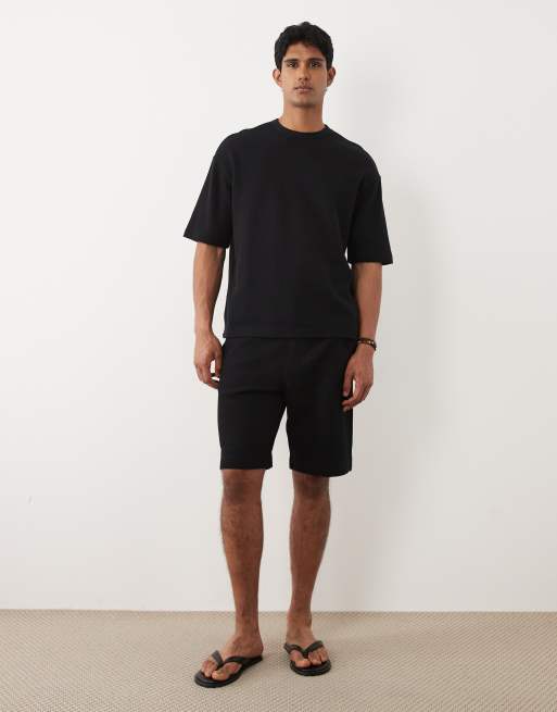 Selected - T-shirt van wafelstof in zwart, deel van co-ord set, 2 van 5