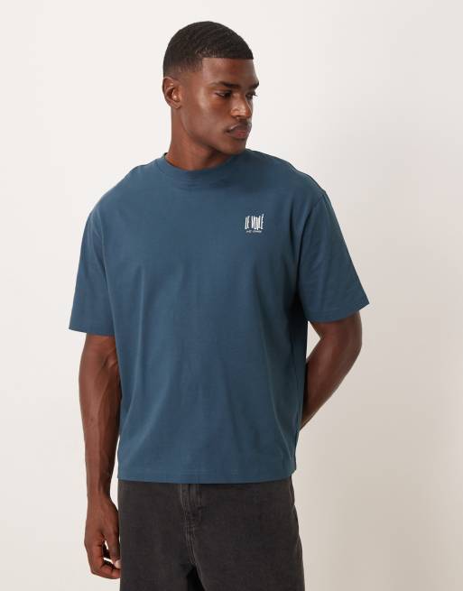 Selected - T-shirt van zware stof met grafische print in blauw, 3 van 5