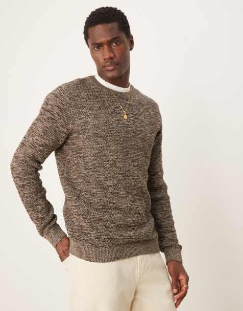 Selected textured knitted jumper in brown mix 