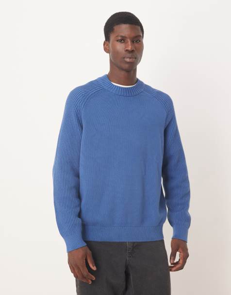 Selected textured knit ribbed sweater with raglan sleeves in blue - view 1