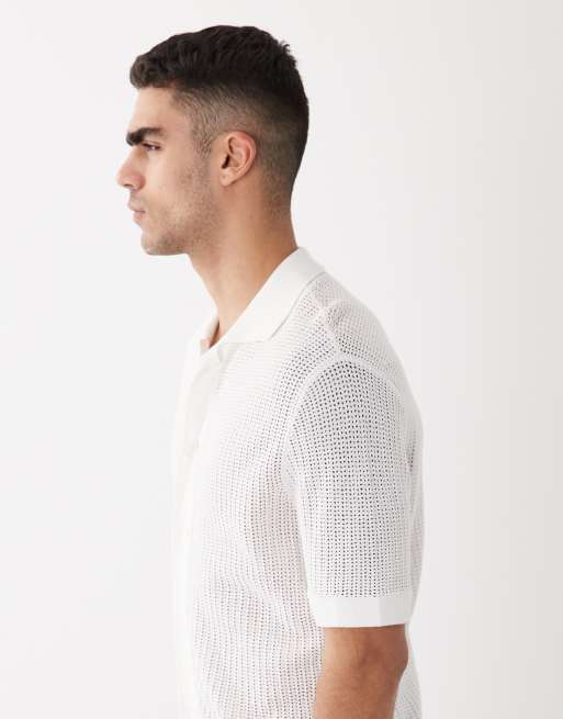 Selected textured knitted short sleeve shirt in white, 3 of 5
