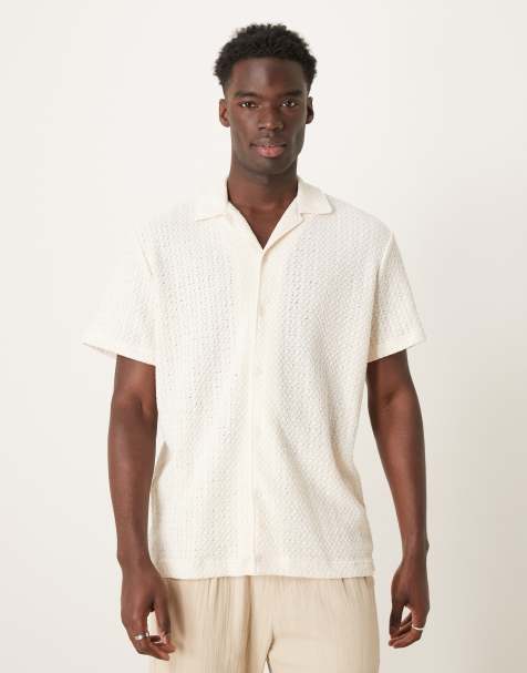 Selected textured revere collar shirt in cream - view 1