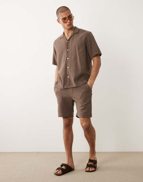 Selected textured shorts in brown - part of a set - view 1